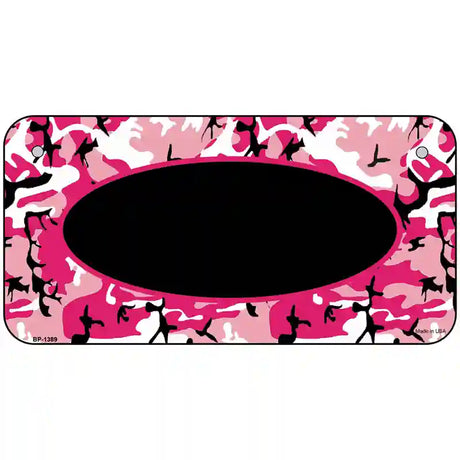 Pink Camo With Black Center Oval Metal Novelty License Plate 6" x 3" (BP)