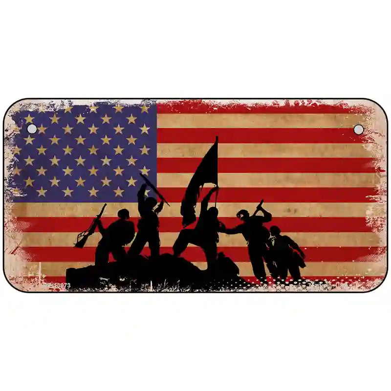 Grunge American Flag with Soldiers Novelty Metal License Plate Tag 6" x 3" (BP)