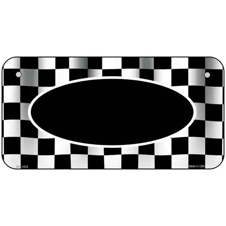 Waving Checkered Flag With Black Center Oval Metal Novelty License Plate 6" x 3" (BP)