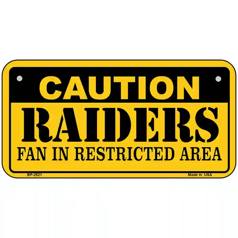 Caution Raiders Metal Novelty License Plate 6" x 3" (BP)