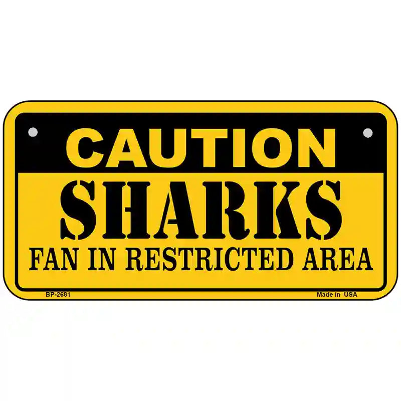 Caution Sharks Metal Novelty License Plate 6" x 3" (BP)