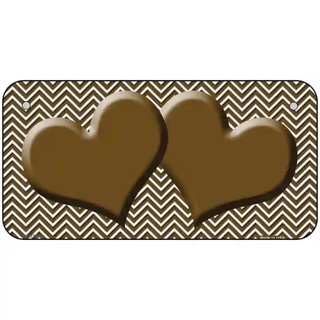 Brown White Chevron Brown Center Hearts Metal Novelty License Plate 6" x 3" (BP)