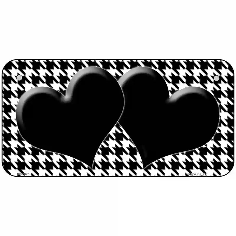 White Black Houndstooth Black Center Hearts Metal Novelty License Plate 6" x 3" (BP)