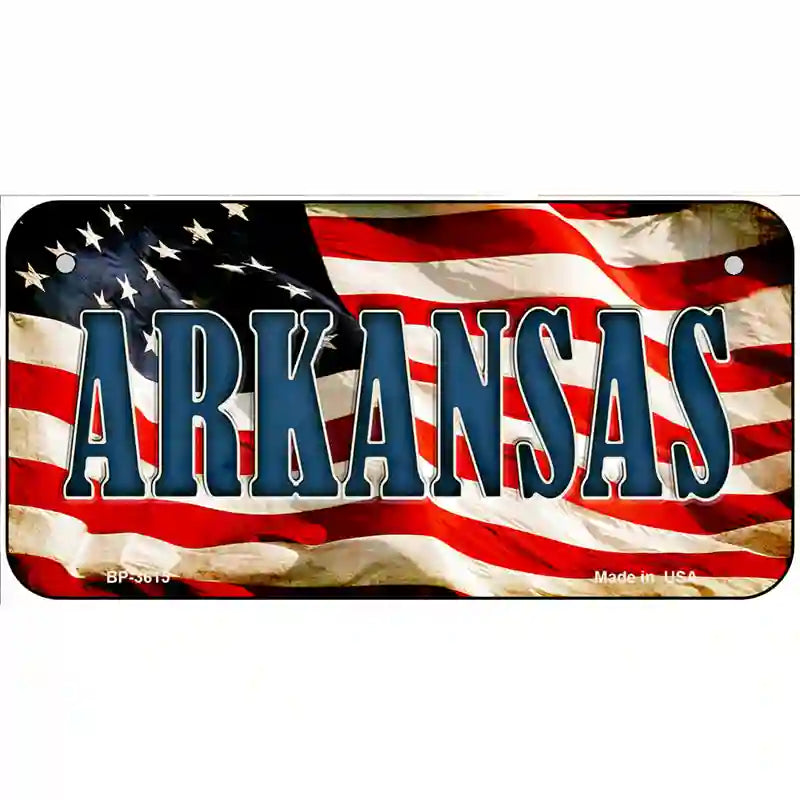 Arkansas on American Flag Metal Novelty License Plate 6" x 3" (BP)