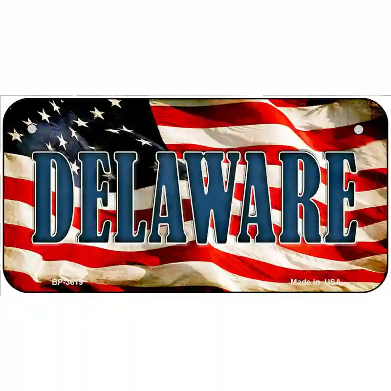 Delaware on American Flag Metal Novelty License Plate 6" x 3" (BP)