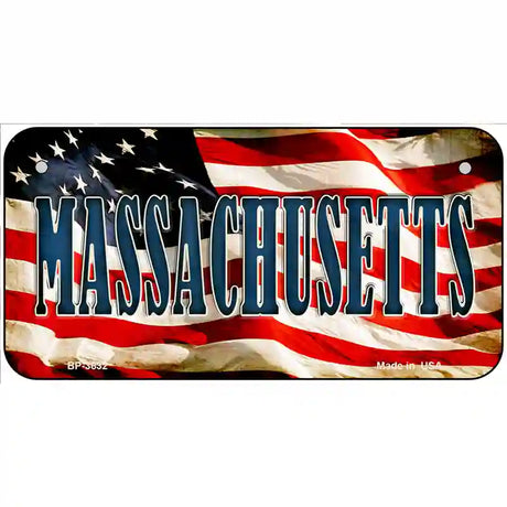 Massachusetts on American Flag Metal Novelty License Plate 6" x 3" (BP)