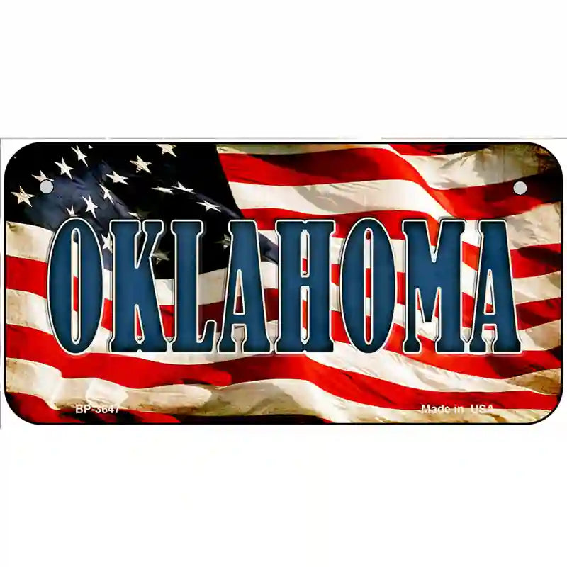 Oklahoma on American Flag Metal Novelty License Plate 6" x 3" (BP)