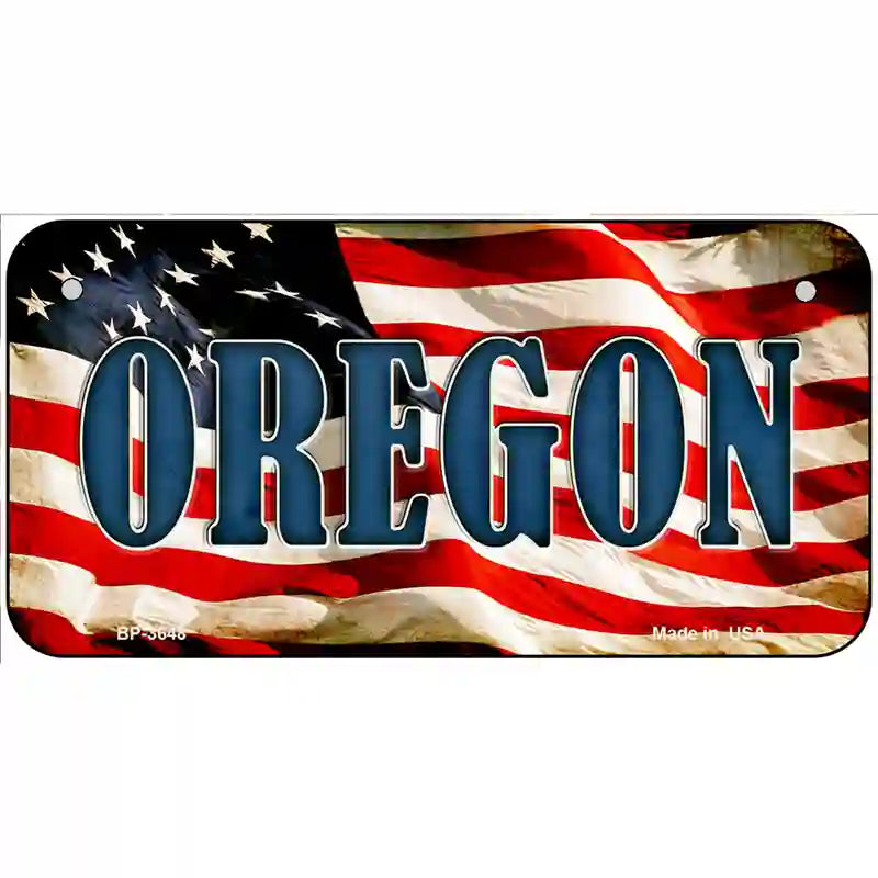 Oregon on American Flag Metal Novelty License Plate 6" x 3" (BP)