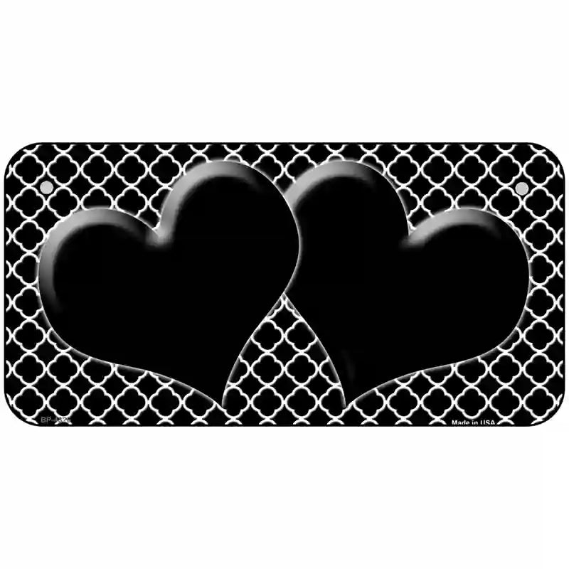 Black White Quatrefoil Black Center Hearts Metal Novelty License Plate 6" x 3" (BP)