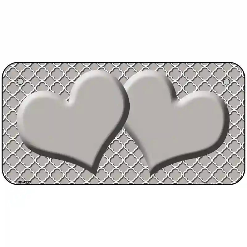 Grey White Quatrefoil Grey Center Hearts Metal Novelty License Plate 6" x 3" (BP)