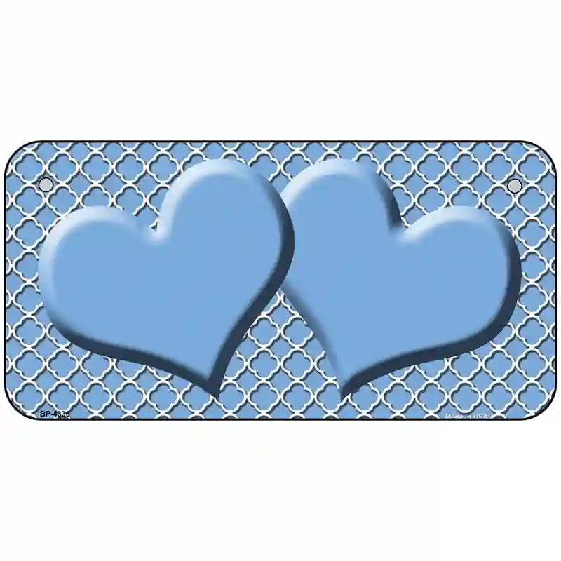 Light Blue White Quatrefoil Light Blue Center Hearts Metal Novelty License Plate 6" x 3" (BP)