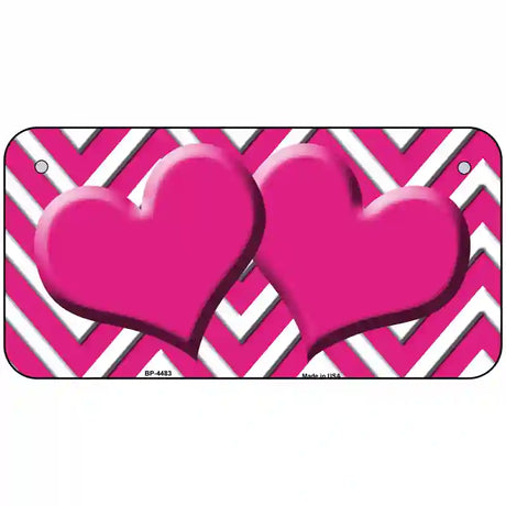 Pink White Chevron Hot Pink Center Hearts Metal Novelty License Plate 6" x 3" (BP)