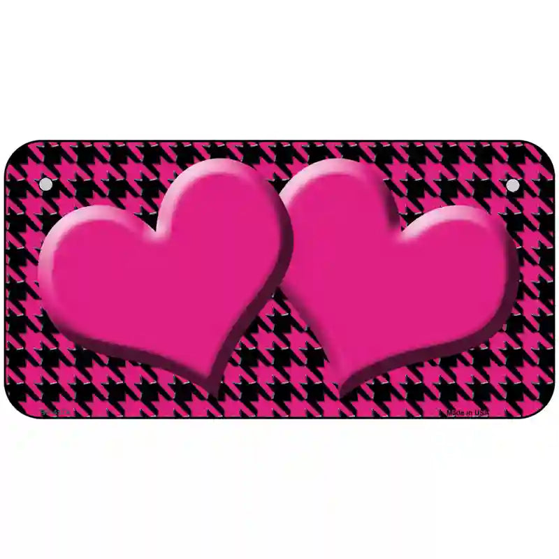 Pink Black Houndstooth Pink Center Hearts Metal Novelty License Plate 6" x 3" (BP)