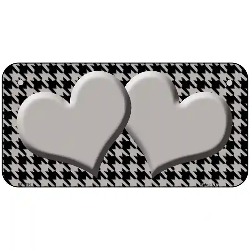 Grey Black Houndstooth Grey Center Hearts Metal Novelty License Plate 6" x 3" (BP)