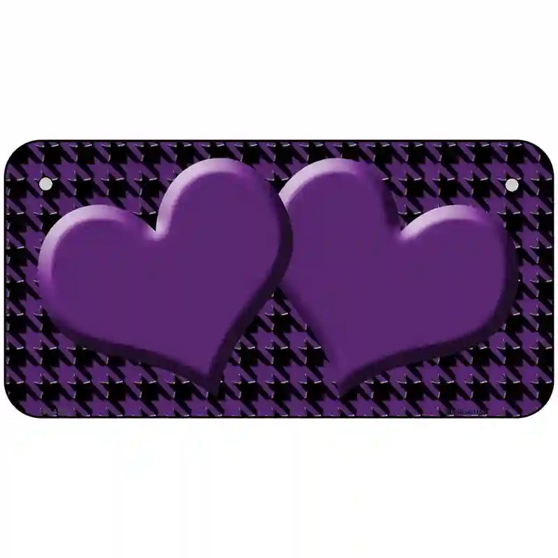 Purple Black Houndstooth Purple Center Hearts Metal Novelty License Plate 6" x 3" (BP)