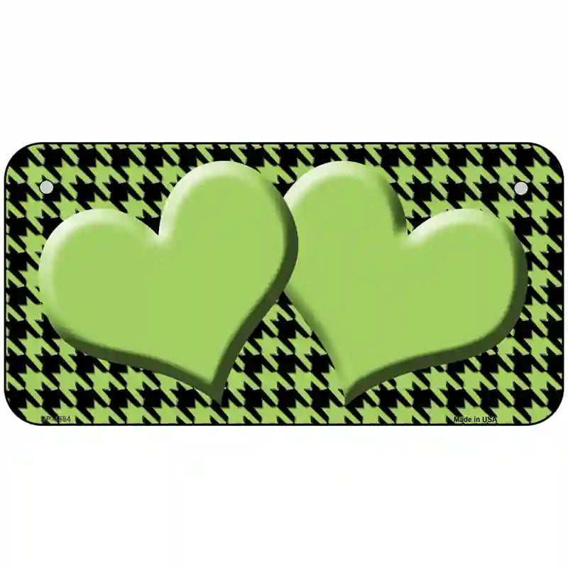 Lime Green Black Houndstooth Lime Green Center Hearts Metal Novelty License Plate 6" x 3" (BP)