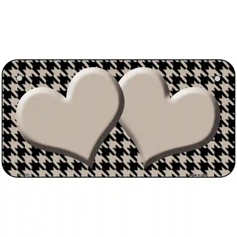 Tan Black Houndstooth Tan Center Hearts Metal Novelty License Plate 6" x 3" (BP)