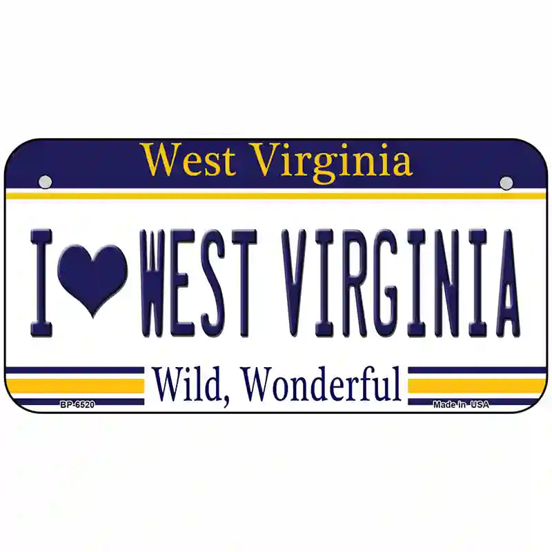 I Love West Virginia Novelty Metal License Plate 6" x 3" (BP)