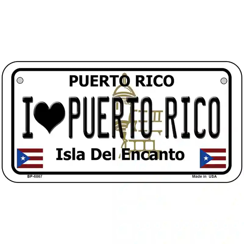 I Love Puerto Rico White Metal Novelty License Plate 6" x 3" (BP)