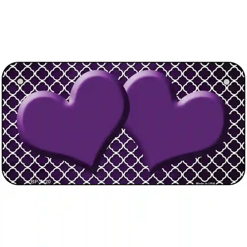 Purple White Quatrefoil Hearts Oil Rubbed Metal Novelty License Plate 6" x 3" (BP)