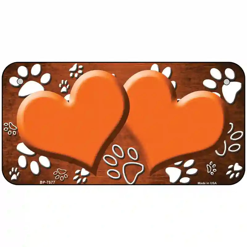 Paw Heart Orange White Metal Novelty License Plate 6" x 3" (BP)