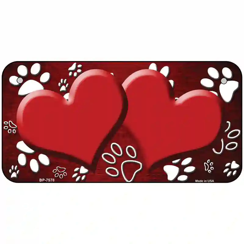 Paw Heart Red White Metal Novelty License Plate 6" x 3" (BP)