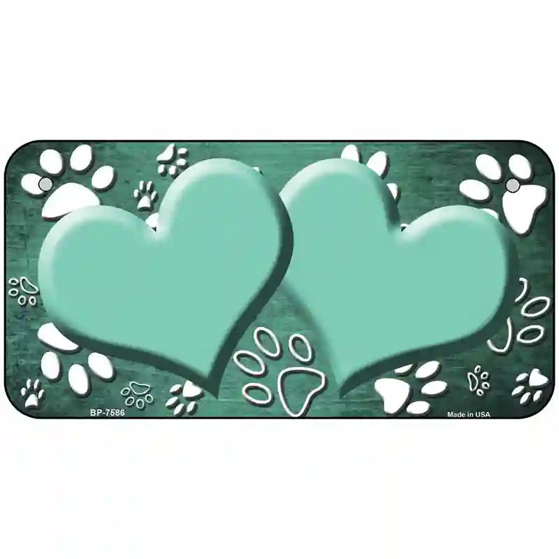 Paw Heart Mint White Metal Novelty License Plate 6" x 3" (BP)