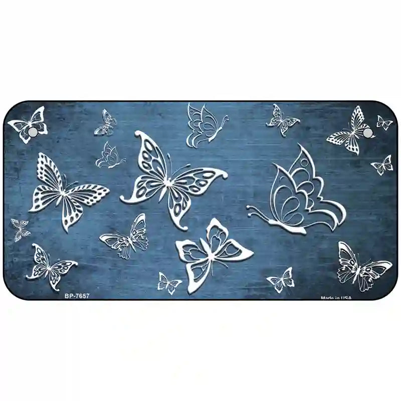 Light Blue White Butterfly Oil Rubbed Metal Novelty License Plate 6" x 3" (BP)