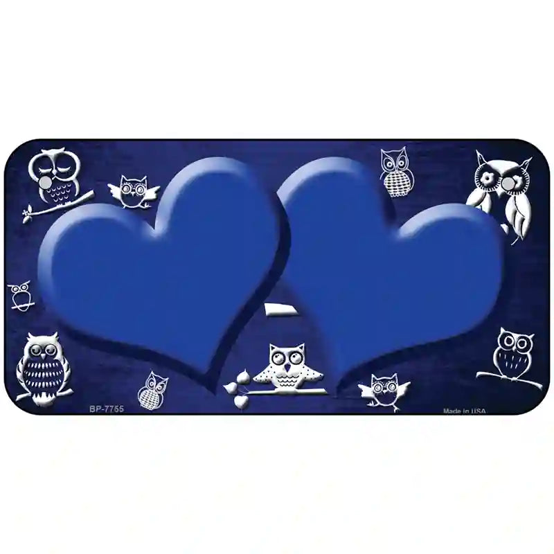 Blue White Owl Hearts Oil Rubbed Metal Novelty License Plate 6" x 3" (BP)