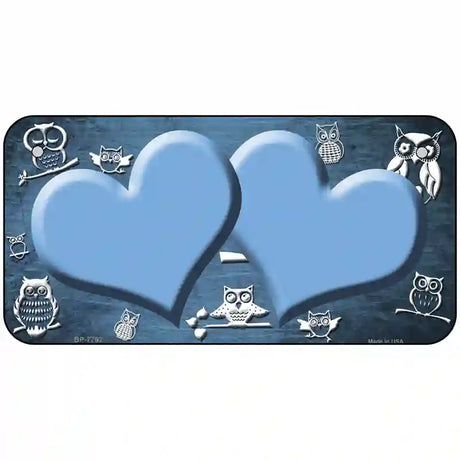 Light Blue White Owl Hearts Oil Rubbed Metal Novelty License Plate 6" x 3" (BP)