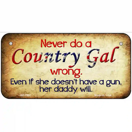 Country Gal Wrong Novelty Metal License Plate 6" x 3" (BP)