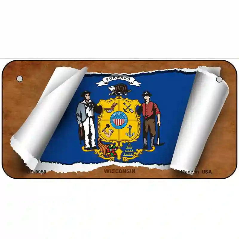 Wisconsin Flag Scroll Metal Novelty License Plate 6" x 3" (BP)