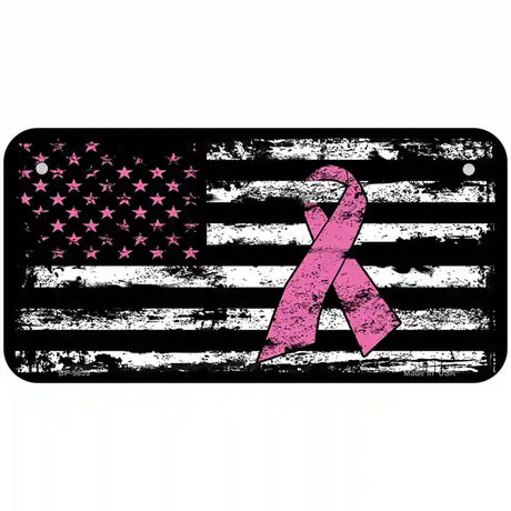 Vintage American Flag Pink Ribbon Novelty Metal License Plate 6" x 3" (BP)