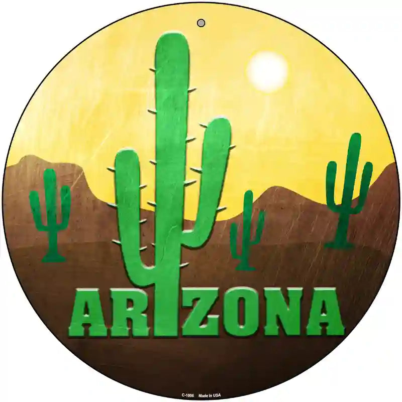 Arizona with Saguaro Novelty Metal Circular Sign 12" (C)