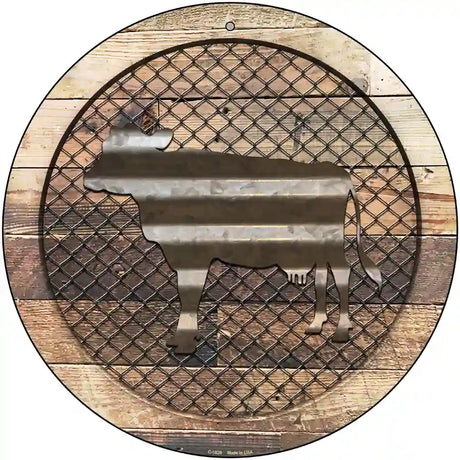 Corrugated Cow on Wood Novelty Metal Circular Sign 12" (C)