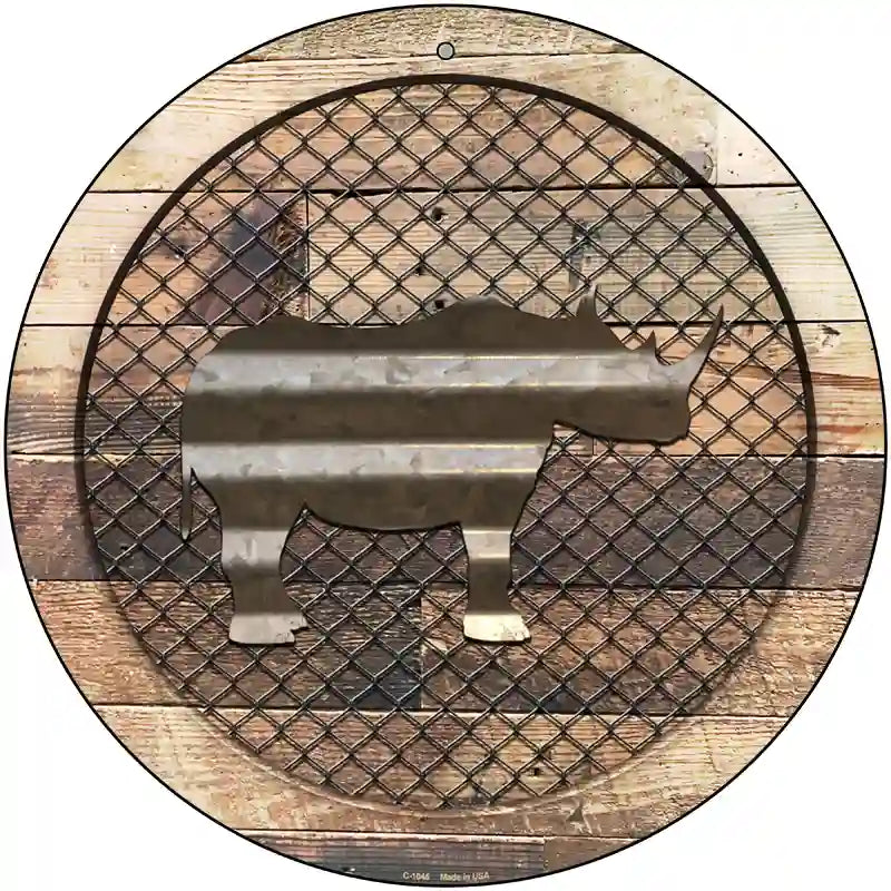 Corrugated Rhino on Wood Novelty Metal Circular Sign 12" (C)