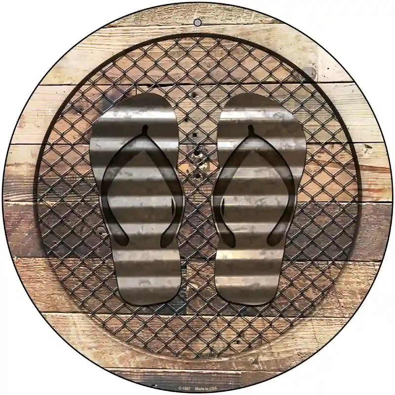 Corrugated Flip Flops on Wood Novelty Metal Circular Sign 12" (C)