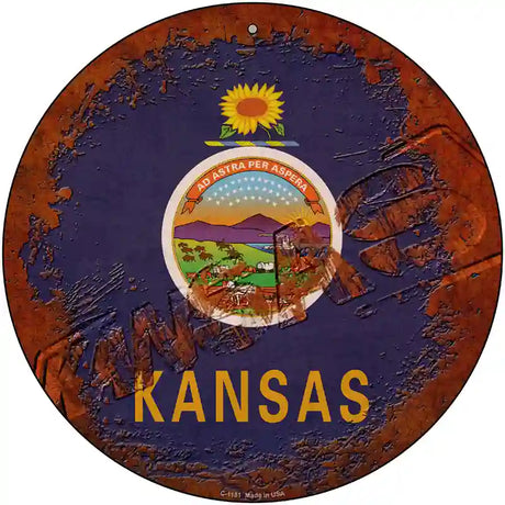 Kansas Rusty Stamped Novelty Metal Circular Sign 12" (C)