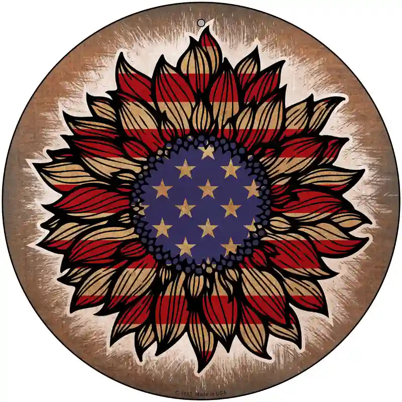 USA Flag Sunflower Novelty Metal Circle Sign 12" (C)