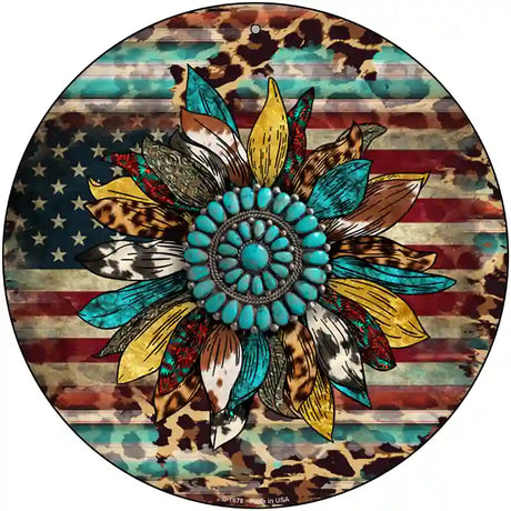 Turquoise Concho Sunflower Novelty Metal Circle Sign 12" (C)