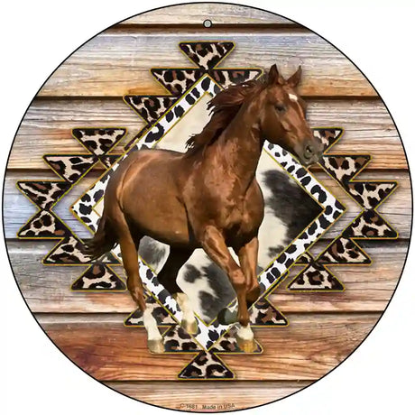 Horse On Aztec Print Novelty Metal Circle Sign 12" (C)