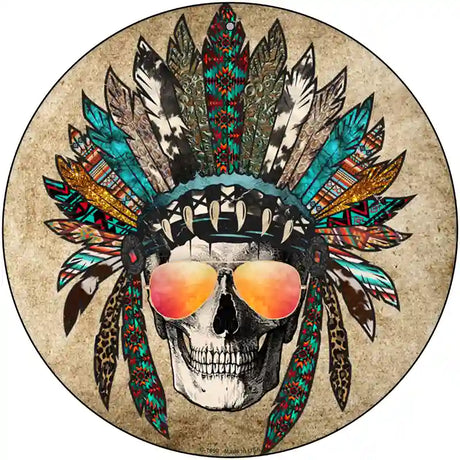 Headress Skull With Aviators Novelty Metal Circle Sign 12" (C)