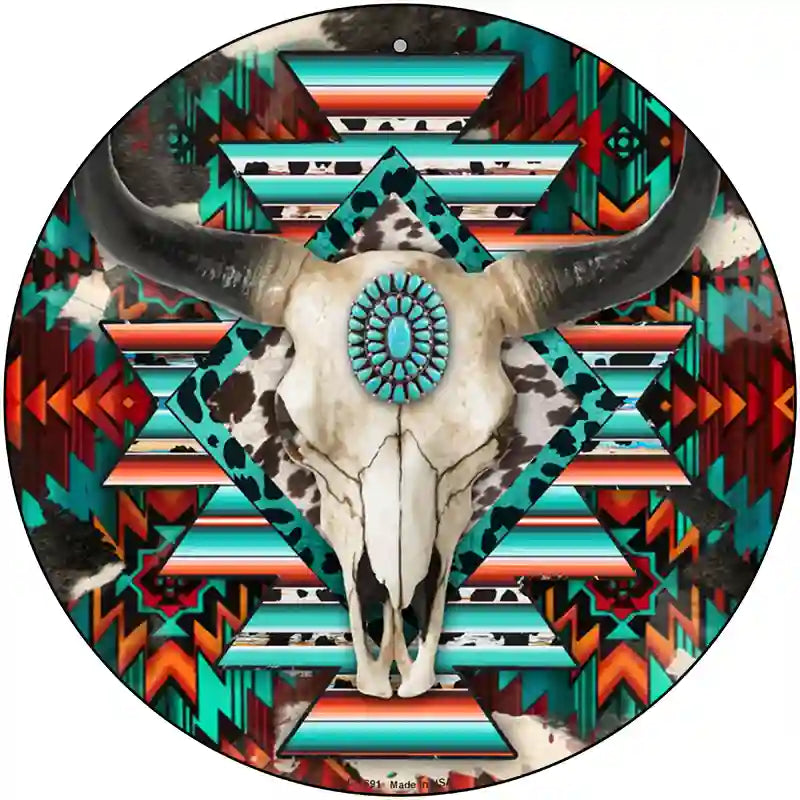 Cow Skull Aztec Vibrant Print Novelty Metal Circle Sign 12" (C)