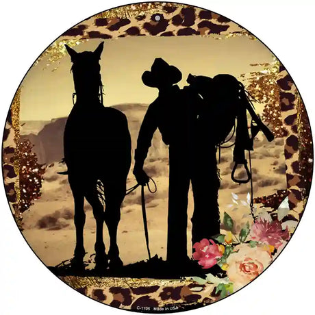 Cowboy With Horse Silhouette Novelty Metal Circle Sign 12" (C)