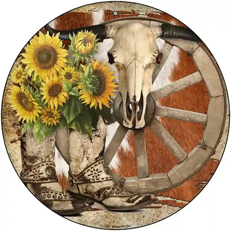 Boots Cow Skull Barn Novelty Metal Circle Sign 12" (C)