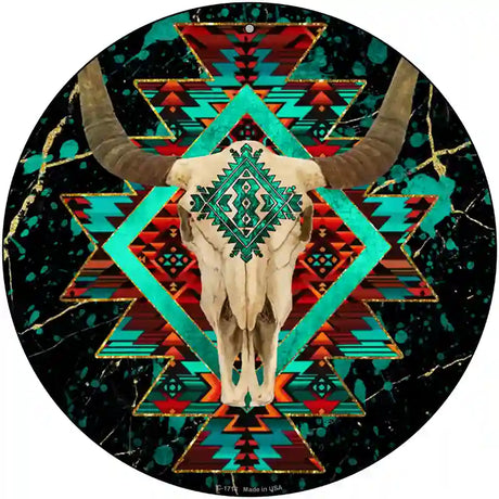 Cow Skull Dark Aztec Novelty Metal Circle Sign 12" (C)