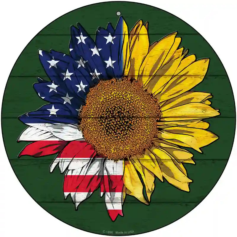 Sunflower Half American Flag Novelty Metal Circle Sign 12" (C)