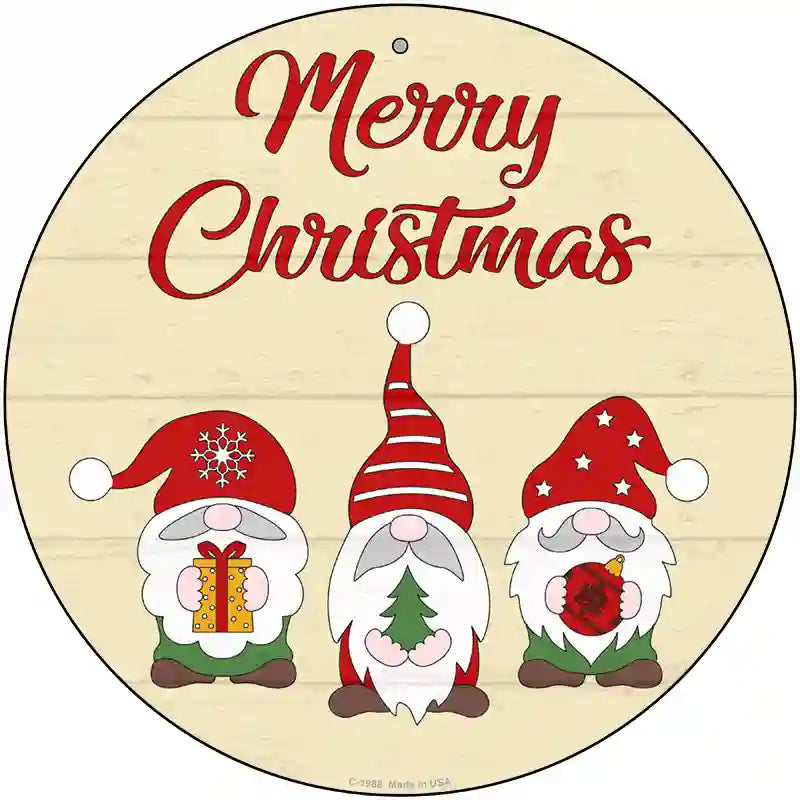 Merry Christmas Gnomes Tan Novelty Metal Circle Sign 12" (C)