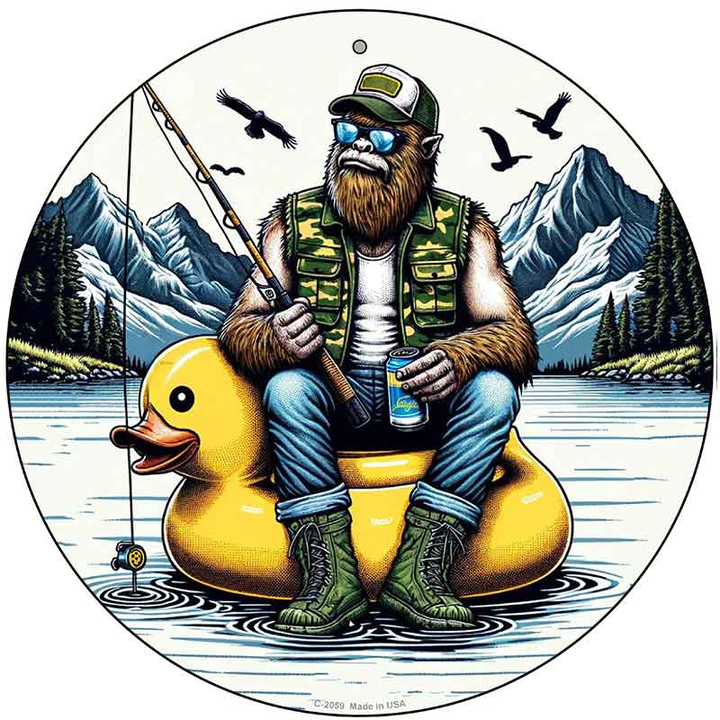 Bigfoot Fishing on Inflatable Duck Novelty Metal Circular Sign C-2059