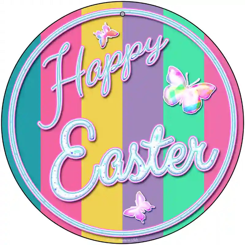 Happy Easter with Butterflies Novelty Metal Circular Sign 12" (C)